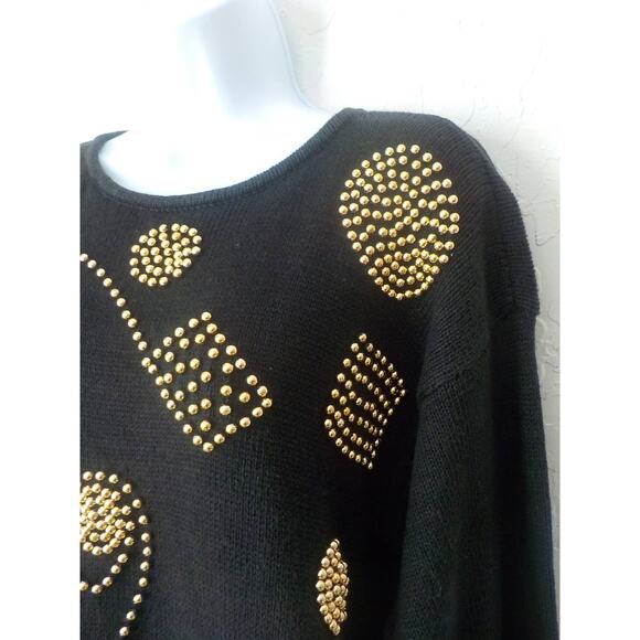 Sarah Morgan Black Knit Tunic Sweater Dress Size Large Gold Embellished Ramie - Picture 3 of 10